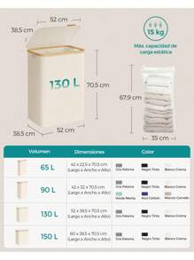 SONGMICS Cesto de Ropa Sucia con Tapa, Gran Cesta Colada de 2 Secciones, 130 L, Forro de Malla Extraíble, Tejido Oxford, Asas Bambú, Plegable, 52 x 38,5 x 70,5 cm, Blanco Crema - lechoso - Ver 8