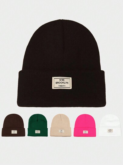 1 peça de chapéu de malha com remendo de tecido, gorro quente para uso ao ar livre, chapéu casual à prova de frio para o inverno, adequado para deslocamento diário