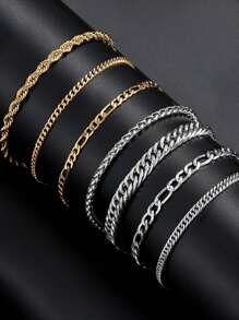 6pcs/7pcs Minimalist Stainless Steel Chain Bracelet Set For Men, Fashionable For Commute, Casual Daily Wear