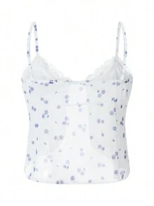 Camisola para mujer, tirantes finos, espalda descubierta, encaje, patchwork, color liso/floral, abertura, top de verano para fiesta y club. - Letra blanca - Ver 7