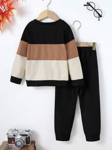 Young Boys Slogan Print Contrast Color Round Neck Sweatshirt & Sweatpants Set, Comfortable & Stylish For Autumn/Winter
