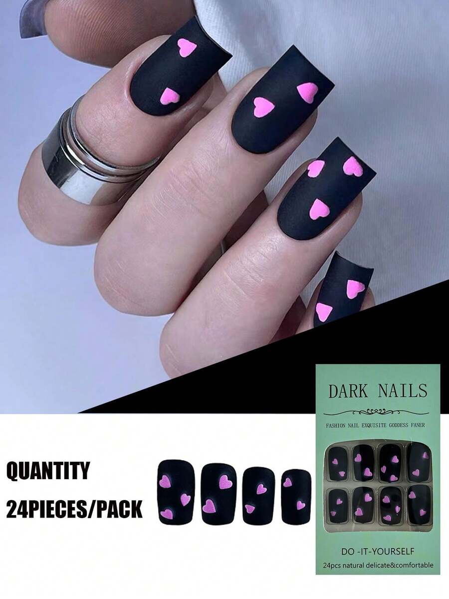 24 件中长方形可爱粉色 3D 浮雕心形系列按压式假指甲套装，包括 1 件果冻凝胶和 1 件指甲锉，适合女性居家、派对、工作、约会、聚会 - 黑色 - 查看 1