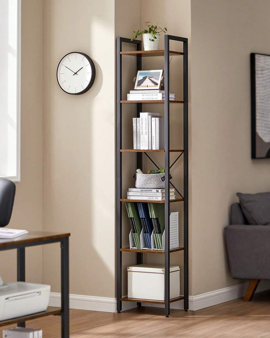 VASAGLE Regal, Bücherregal, Standregal, DVD-Regal, mit 6 Ebenen, Büroregal, offene Ablagen, für Büro, Wohnzimmer, Schlafzimmer, Küche, 30 x 40 x 186 cm, vintagebraun-tintenschwarz