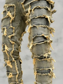 Men's Elastic Distressed Slim Fit Flared Jeans, Emo Style - Bronze - View 3