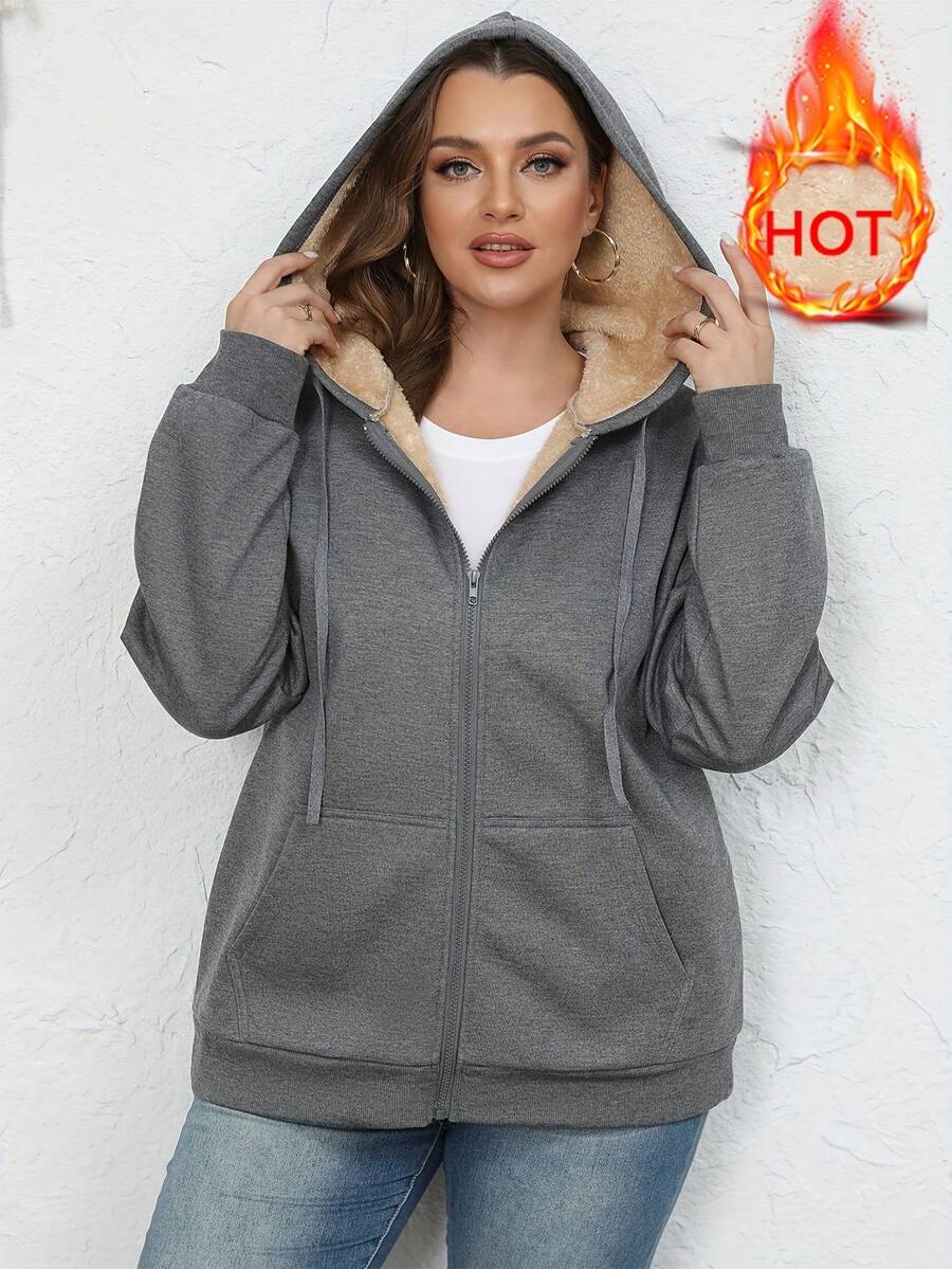 Chaqueta deportiva de mujer con capucha, bolsillos y forro polar grueso para clima cálido de invierno - Gris Oscuro - Ver 1