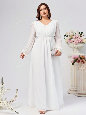 Plus Size Women Sparkly V-Neck Lantern Sleeve Patchwork Dress, Autumn