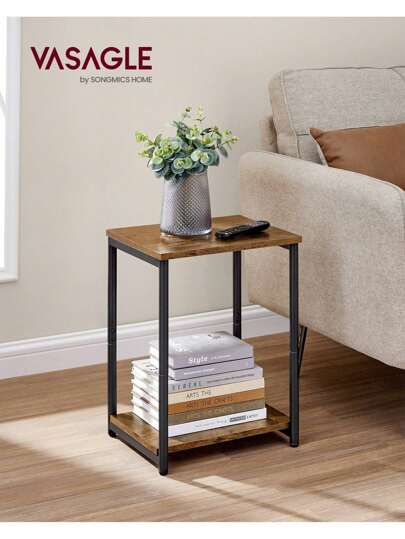 VASAGLE Mesa de Sofá, Mesa Auxiliar de 2 Niveles, Mesita de Noche con Marco de Acero, para Salón, Dormitorio, Estudio, Marrón Rústico y Negro Tinta