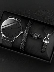 4pcs/Set Fashionable Men's Black Round Face Casual Alloy Quartz Analog Watch, Necklace, Ring Jewelry Set