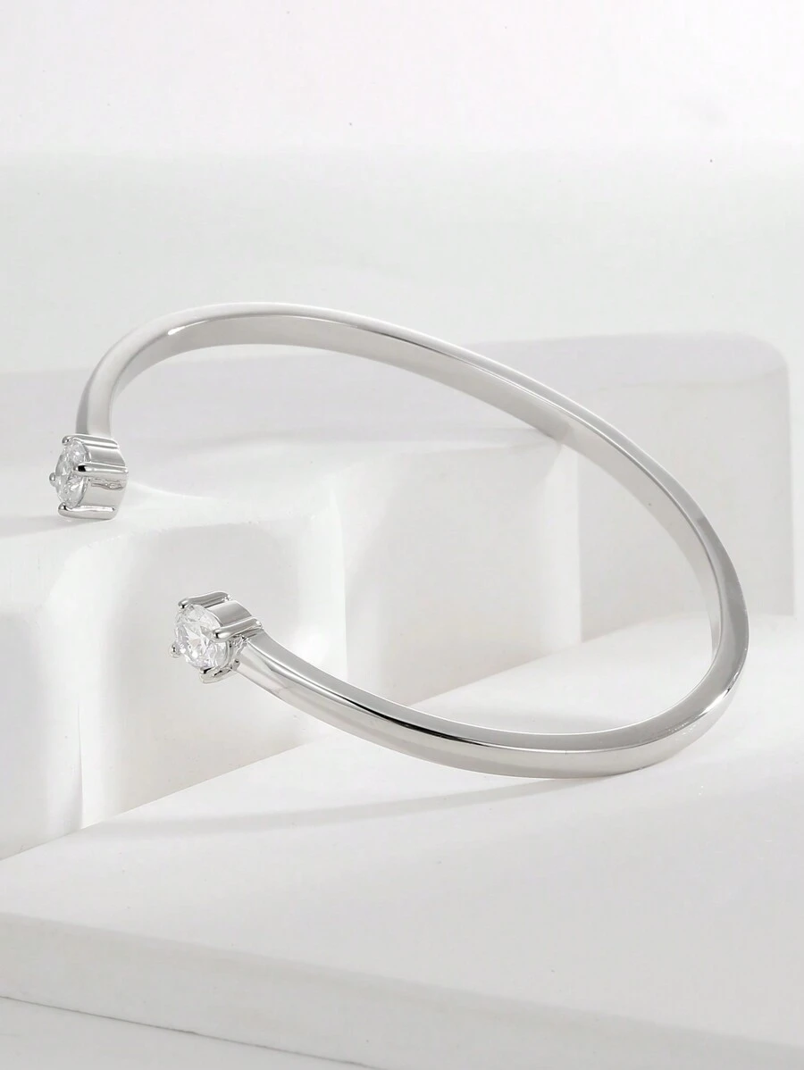 Charm-In 1pc Silver-Color Bangle With Embedded Cubic Zirconia Stones - Silver - View 1