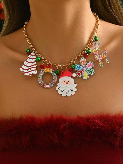 1pc New Cute Creative Cartoon Santa Claus & Christmas Tree Pendant Necklace, Women's Christmas Party Jewelry Gift