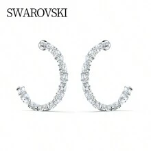 Swarovski Women's White Circular Perforated Earrings, Elegant Jewelry For Daily Wear And Holiday Gifts (TENNIS DLXMC:PE HOOP CZWH/RHS 5562128)