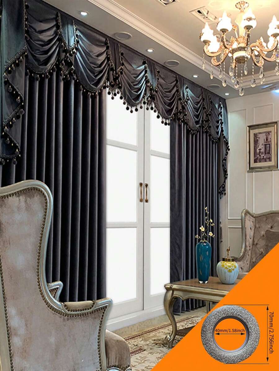 2panels European High-End Villa Thickened Luxury Blackout Black Velvet Living Room Dining Room Finished Curtains, Excluding Curtain Heads - màu đen - Xem 1