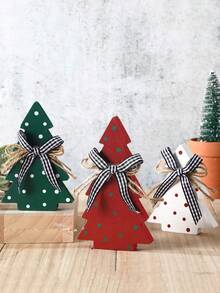 3 件套乡村风格木质圣诞树桌面装饰品 - 波尔卡圆点农舍装饰 - 彩色 - 查看 5