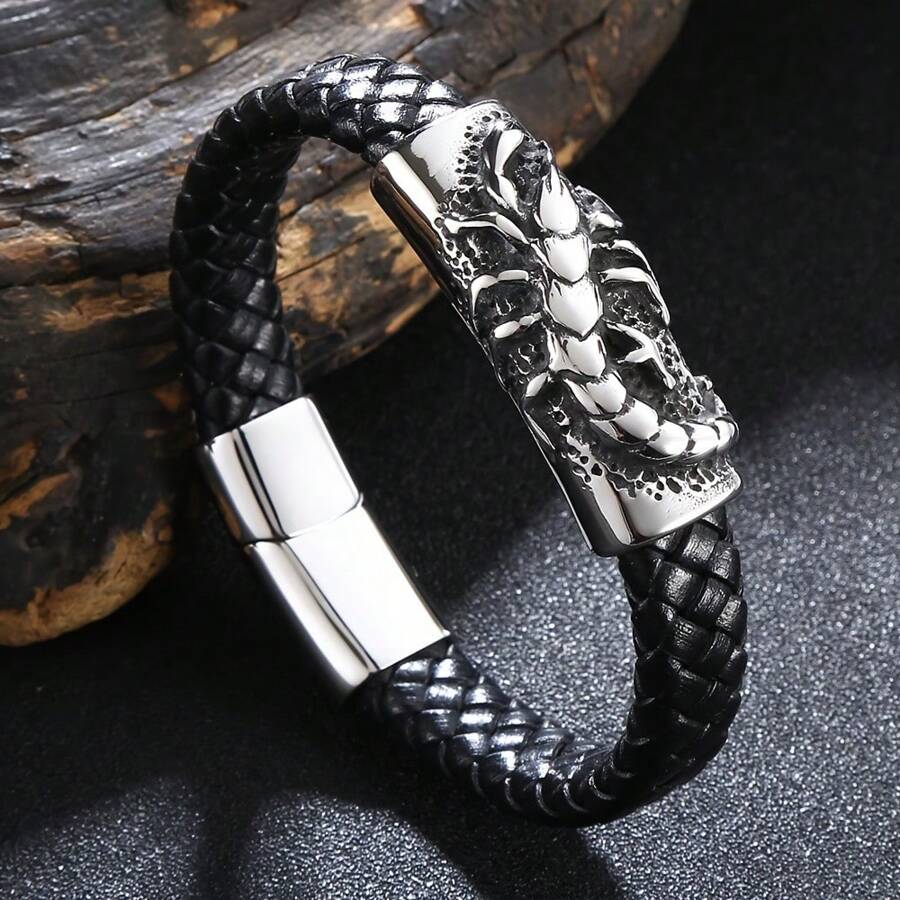 SeuSuk 1pc Men's Classic Fashion Scorpion Braided PU Leather Bracelet, Daily Jewelry Accessory Gift