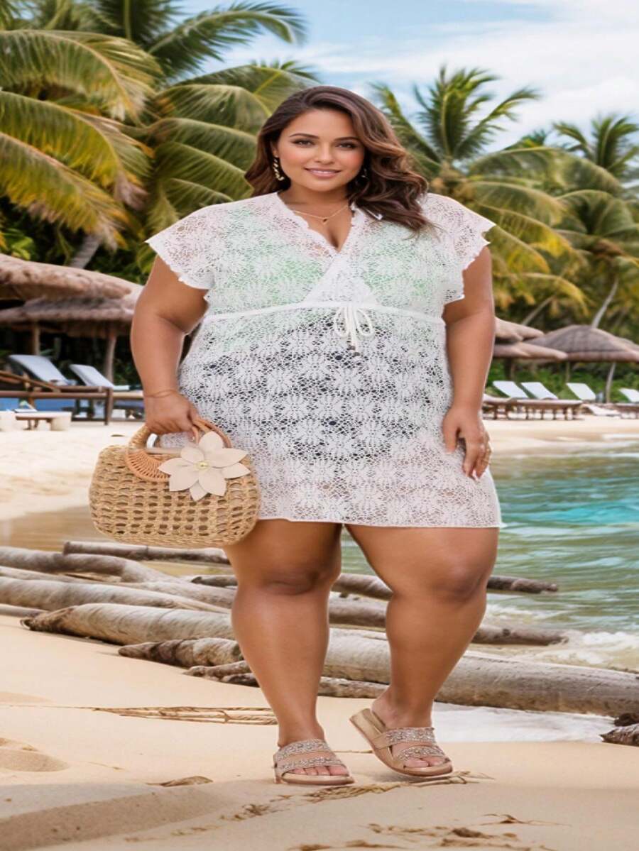 Plus Size Beach Cover-Up With Drawstring At The Waist, Beach Sarong All In Fishnet Lace, Closed At The Front, Short Sleeves, Large Size From 46 To 60 - 白色 - 查看 1