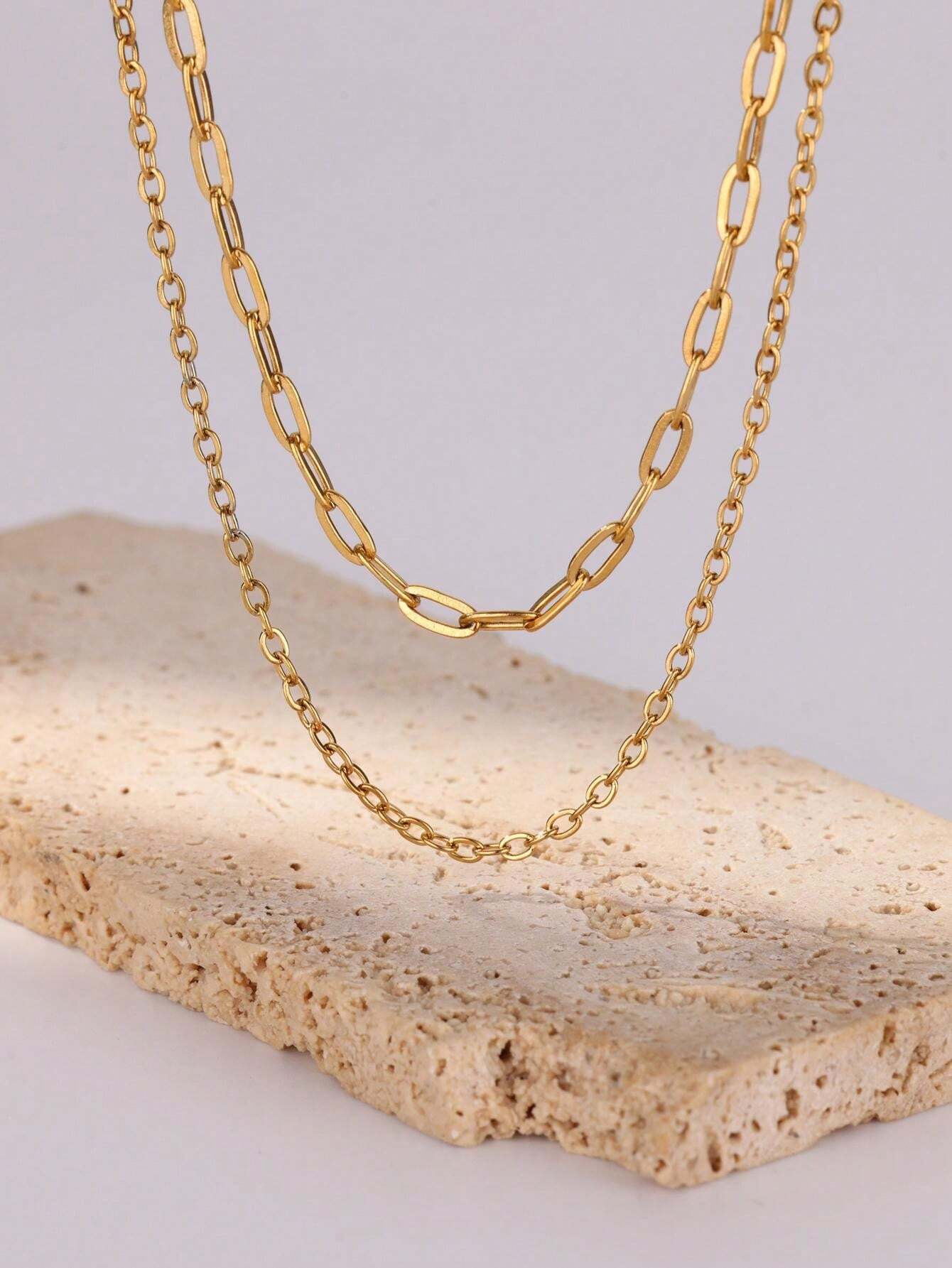 Double Layer Necklace Hollow Paperclip Chain Necklace Stainless Steel