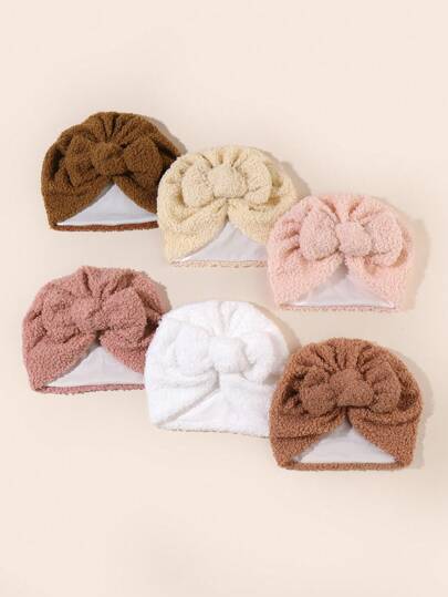 6 件套婴幼儿毛绒冬帽，1-6 个月婴儿保暖羊毛帽，户外室内蝴蝶结头带帽