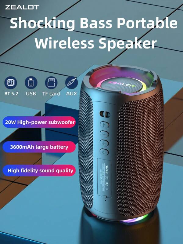 ZEALOT ZEALOT S61 20W Wireless Speaker, Outdoor Portable, Bluetooth Speaker, 3600mAh Long Battery, With RGB Color Lights, Up To 8 Hours Of Playback Time, Supports Mobile Phones/Tablets/TVs. Compatible With SD Card/USB/AUX, Serial Pairing Function, Suitable For/Car/Outdoor/Camping/Beach/Party