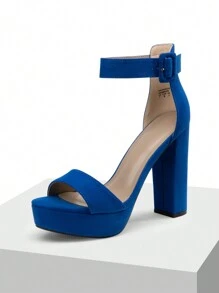New Arrival Women Platform Chunky Heeled Sandals, Fashion Buckle Decor Ankle Strap Open Toe Ultra High Heel Sandals Elegant Banquet Party Heels - 藍色 - 查看 3