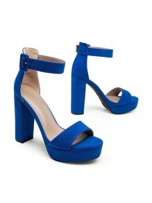 New Arrival Women Platform Chunky Heeled Sandals, Fashion Buckle Decor Ankle Strap Open Toe Ultra High Heel Sandals Elegant Banquet Party Heels - 藍色 - 查看 2