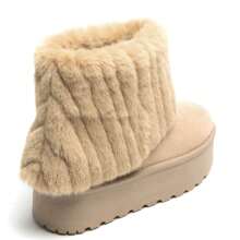 Beige Faux Fur Lined Platform Ankle Boot – Warm And Comfortable Winter Shoe - Khaki - View 6