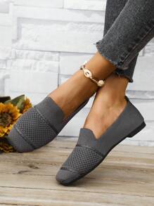 Women Knitted Flat Square Toe Loafers, Comfortable Breathable Mother Shoes For Spring & Autumn
