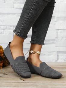 Women Knitted Flat Square Toe Loafers, Comfortable Breathable Mother Shoes For Spring & Autumn