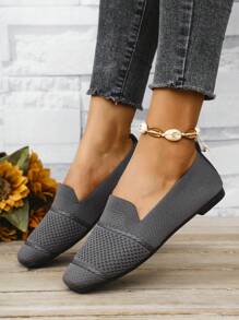 Women Knitted Flat Square Toe Loafers, Comfortable Breathable Mother Shoes For Spring & Autumn