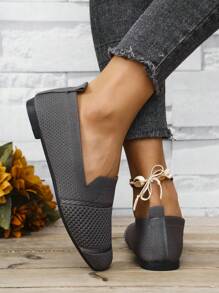 Women Knitted Flat Square Toe Loafers, Comfortable Breathable Mother Shoes For Spring & Autumn
