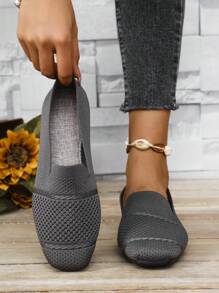 Women Knitted Flat Square Toe Loafers, Comfortable Breathable Mother Shoes For Spring & Autumn