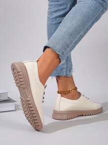 Damskie modne obuwie codzienne, płaskie trampki, sznurowane mokasyny, białe/beżowe buty typu Mary Jane, okrągłe noski, lekkie, miękkie, wygodne, swobodne, oddychające buty domowe