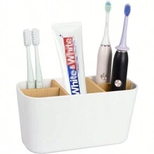 Storage boxes 1 pieza Soporte blanco para cepillos de dientes de baño con 5 ranuras, organizador de bambú para cepillos de dientes eléctricos, pasta de dientes, afeitadora en el mostrador, decoración de otoño para el hogar y el baño, de vuelta a la escuela - Blanco - Ver 8