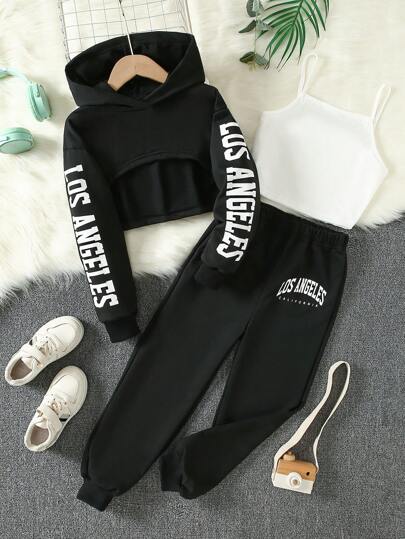 3pcs Girls Summer Fashion Outfit Set: Cropped Hoodie, Camisole Top, And Sweatpants. Children Spring Autumn Winter Clothing: Long Pants Set With Short Sweatshirt, Cami And Sweatpants. Los Angeles Graphic Long Sleeve Top, Kids Apparel For Spring Summer Autumn Winter, Knit Fabric, Stretchy, Letter Print, Regular Fit, Polyester Blend, Suitable For Outdoor Use