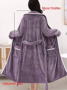 1 件女士加厚撞色边毛绒浴袍夏季婚礼家居浴室装饰返校 - 平毛深紫色包邊浴袍 - 查看 3