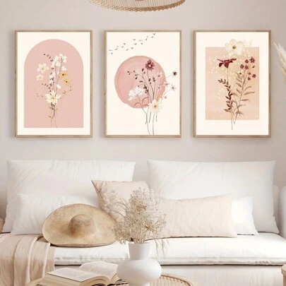 3幅/套日式粉色水彩花卉墙画海报，抽象花卉印花装饰画，无框帆布海报，野花艺术画，水彩帆布装饰画廊墙画，家居装饰，适用于客厅、卧室、宿舍
