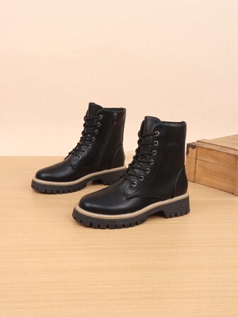 1 Pair Lace-Up Zippered Classic Ankle Boots For Teenage Girls