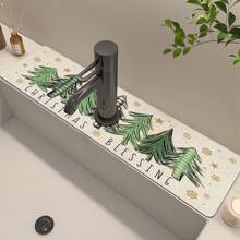 1pc Super Absorbent Christmas Tree Pattern Country Drying Pad, Very Suitable For Home Decoration And Bathroom, Faucet Absorbent Pad, Bathroom Faucet Splash Pad, Moisture-Proof Anti-Slip Faucet Pad, Kitchen Countertop.