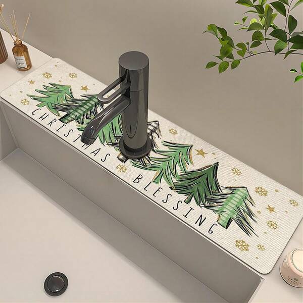 1pc Super Absorbent Christmas Tree Pattern Country Drying Pad, Very Suitable For Home Decoration And Bathroom, Faucet Absorbent Pad, Bathroom Faucet Splash Pad, Moisture-Proof Anti-Slip Faucet Pad, Kitchen Countertop.