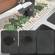 1pc Super Absorbent Christmas Tree Pattern Country Drying Pad, Very Suitable For Home Decoration And Bathroom, Faucet Absorbent Pad, Bathroom Faucet Splash Pad, Moisture-Proof Anti-Slip Faucet Pad, Kitchen Countertop.