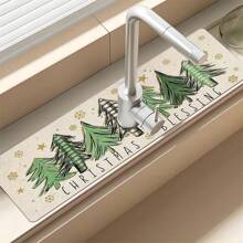 1pc Super Absorbent Christmas Tree Pattern Country Drying Pad, Very Suitable For Home Decoration And Bathroom, Faucet Absorbent Pad, Bathroom Faucet Splash Pad, Moisture-Proof Anti-Slip Faucet Pad, Kitchen Countertop.