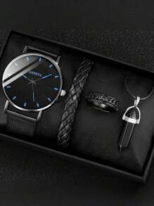 4pcs/Set Fashionable Men's Black Round Face Casual Alloy Quartz Analog Watch, Necklace, Ring Jewelry Set