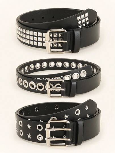 1 pieza Cinturón con remaches, Cinturón con pentágono de doble ojal, Cinturón retro con remaches en forma de corazón, Cinturón de mujer con doble hebilla, Cinturón con tachuelas piramidales cuadradas, Cinturón de estilo punk rock del milenio para jeans, verano, escuela, otoño, Halloween