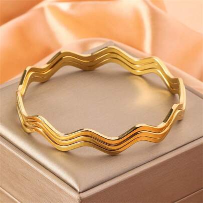 3pcs Stainless Steel Plated Stackable Bangle Bracelets, Fashionable Wave Design For Men And Women, Suitable For Daily Wear And Parties