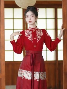 Spring Chinese Style Vintage Red Embroidery Beading Toast Clothes For Chinese Wedding, Chinese Newyear, Daily, Street, Commuting, Home And Other Occasions To Wear Hanfu Tops - Red - View 5