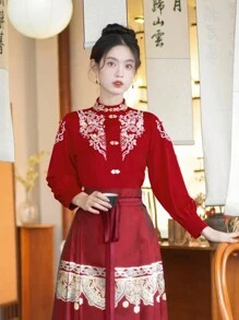 Spring Chinese Style Vintage Red Embroidery Beading Toast Clothes For Chinese Wedding, Chinese Newyear, Daily, Street, Commuting, Home And Other Occasions To Wear Hanfu Tops - Red - View 9