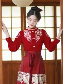 Spring Chinese Style Vintage Red Embroidery Beading Toast Clothes For Chinese Wedding, Chinese Newyear, Daily, Street, Commuting, Home And Other Occasions To Wear Hanfu Tops - Red - View 8