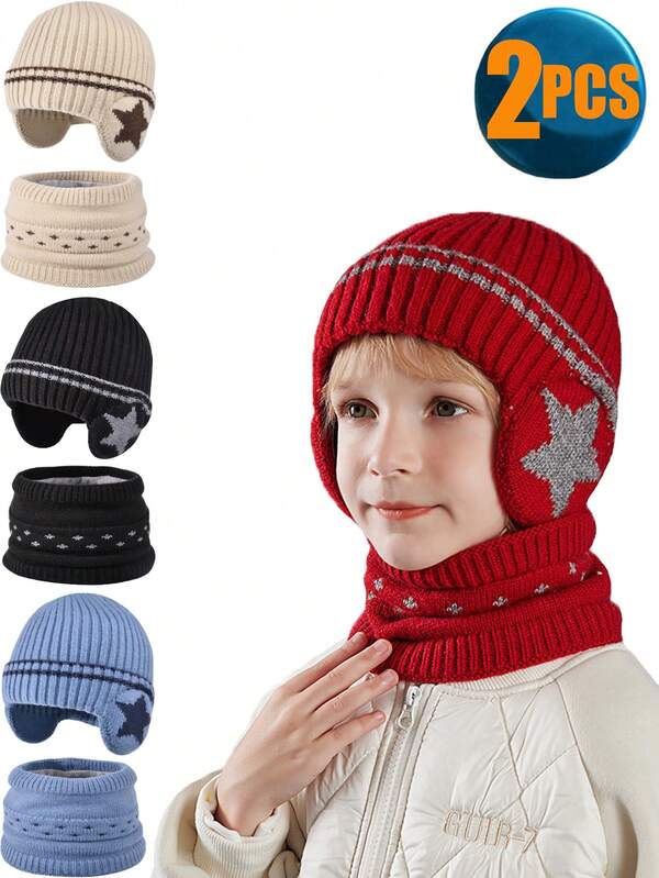 2pcs Children 3-12 Years Old Winter Hat And Scarf Set, Warm Wool-Lined Beanie Hat And Scarf Set For Boys And Girls