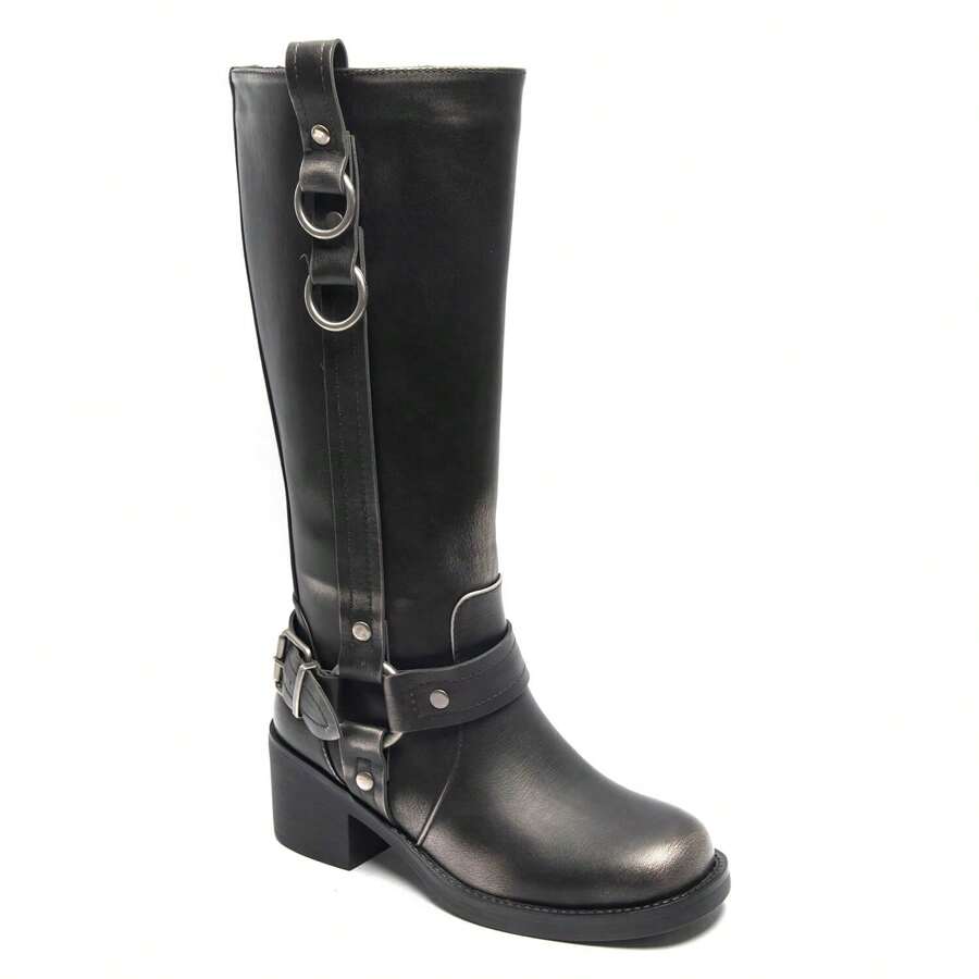 Women's Mid-Calf Boots With Block Heels - Rock Style With Buckles And Rings - Dark Gray 9639 - View 1