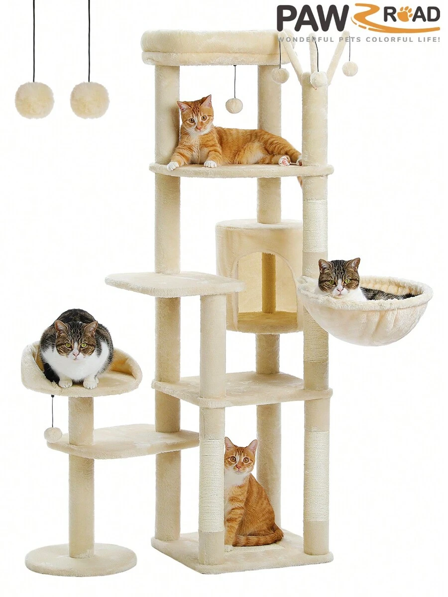 PAWZ Road 150cm Cactus Scratching Post, High Scratching Post For Large Cats, Multi-Storey Cat Tower, Scratching Post For Indoor Cats, Cat Apartment With Large Hammock, Scratching Post And 2 Perches - Beige - View 1