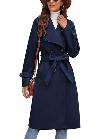 Plus Size Solid Color Pocket Belted Lapel Trench Coat